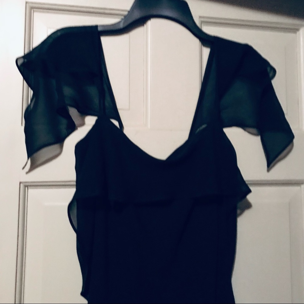 Barneys New York Black Sheer Flutter Sleeve Dress